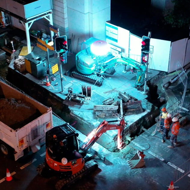 Machinery in operation during night works at the Brisbane CBD Mains Renewal site.