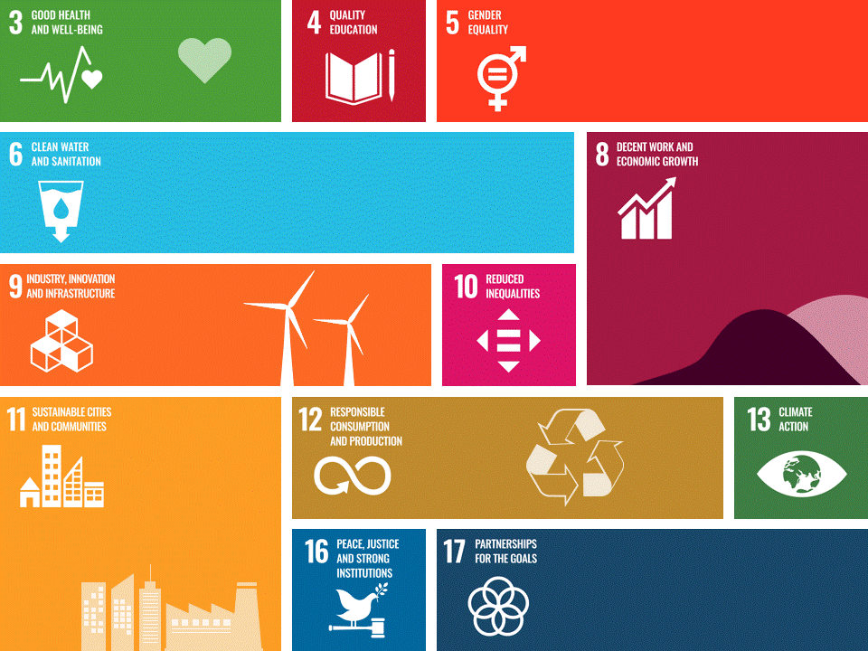 Animated GIF displaying the icons of SDGs supported by Diona, including Good Health and Well-being, Quality Education, Gender Equality, Clean Water and Sanitation, Decent Work and Economic Growth, Industry, Innovation, and Infrastructure, Reduced Inequalities, Sustainable Cities and Communities, Responsible Consumption and Production, Climate Action, Peace, Justice and Strong Institutions, and Partnerships for the Goals.