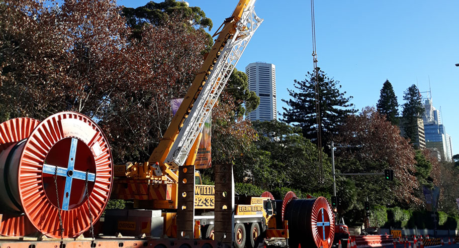Cable and machinery at the Eastern CBD 11kV cable project site in Sydney.