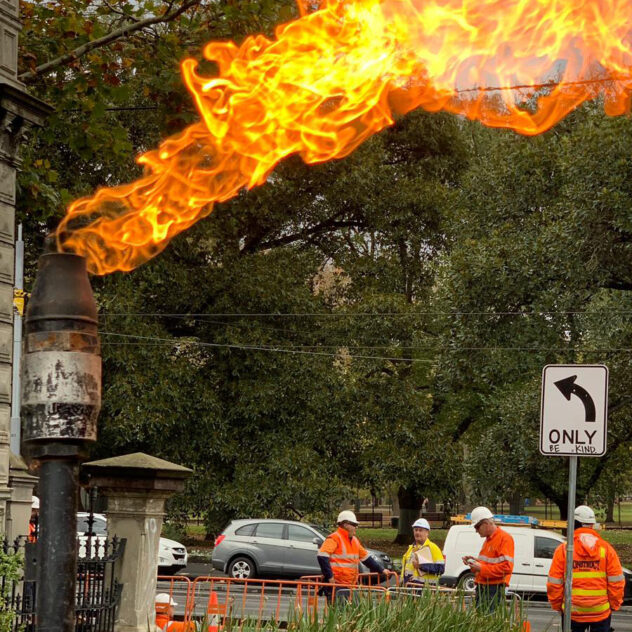 Flame alight at the APA Gas Mains Fitzroy gas main project site, symbolising successful high-pressure testing.