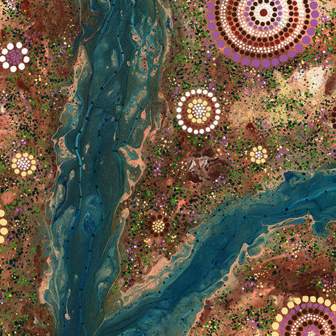 "Beeliar Yerrigan" abstract aerial artwork by Noongar artist Bradley Kickett, depicting the vibrant waterways and rich vegetation of Whadjuk Noongar Country.