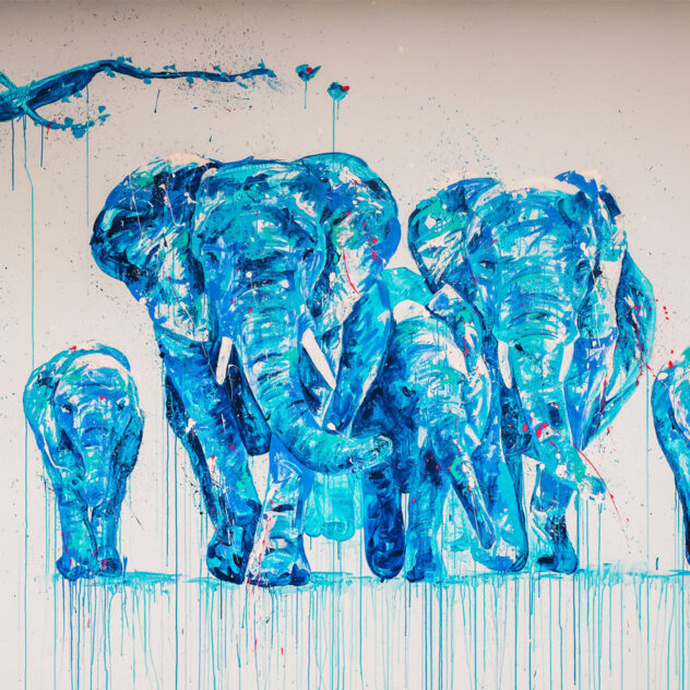 Watercolour painting of elephants at the batyr office backdrop