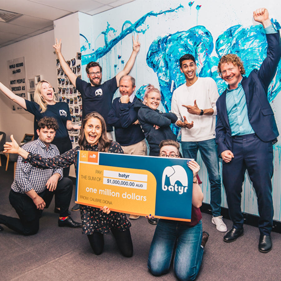 Diona and batyr teams standing together during the presentation of a $1,000,000 cheque, with a mural of blue water-painted elephants in the background.