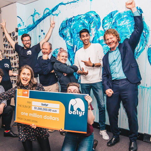 Diona and batyr teams standing together during the presentation of a $1,000,000 cheque, with a mural of blue water-painted elephants in the background.